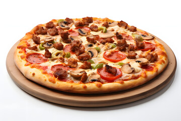Tasty Pepperoni pizza with pepperoni, cheese, and chicken on white background