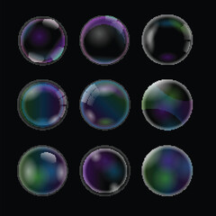 Transparent Realistic soap bubbles with rainbow reflection set collection with black isolated background, flying soap bubbles,Powder, soap, detergent, shampoo spehere ball.