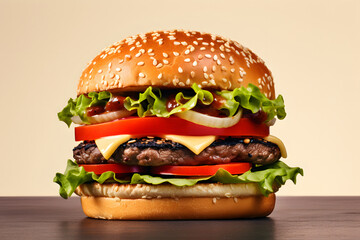 fresh tasty delicious burger with beef patty, lettuce, onions, tomatoes and cucumbers, big fresh...