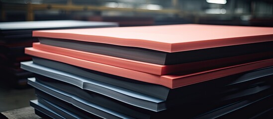 Sheets of foam rubber stacked for furniture production in factory workshop.