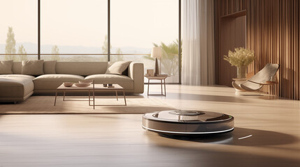 Modern living room with a robot vacuum cleaner on the floor. - obrazy, fototapety, plakaty