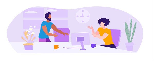 Guys with computer and laptop talking in office, vector illustration
