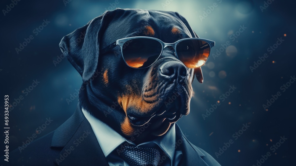 Poster a black dog wearing sunglasses and a suit. perfect for adding a touch of style and humor to any proj