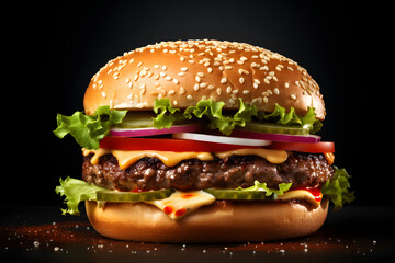 fresh tasty delicious burger with beef patty, lettuce, onions, tomatoes and cucumbers, big fresh hamburger with extra filling on wooden table isolated on dark background with copy space