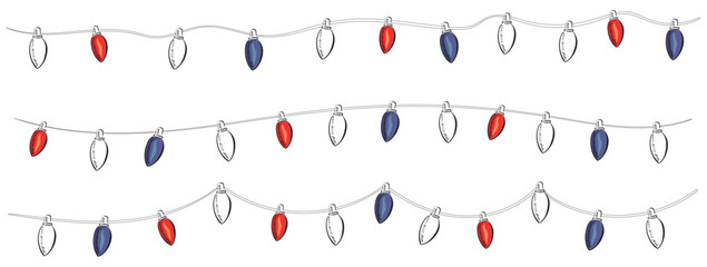 Christmas garland in trendy groovy retro cartoon style. Happy New year and Merry Christmas characters. 70s Vibes groovy garland.Vector Illustration.Christmas lights.