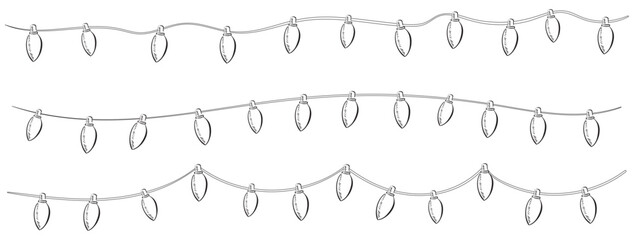 A vector illustration of a string of black and white holiday lights that can be easily painted to match your desired color if needed.
