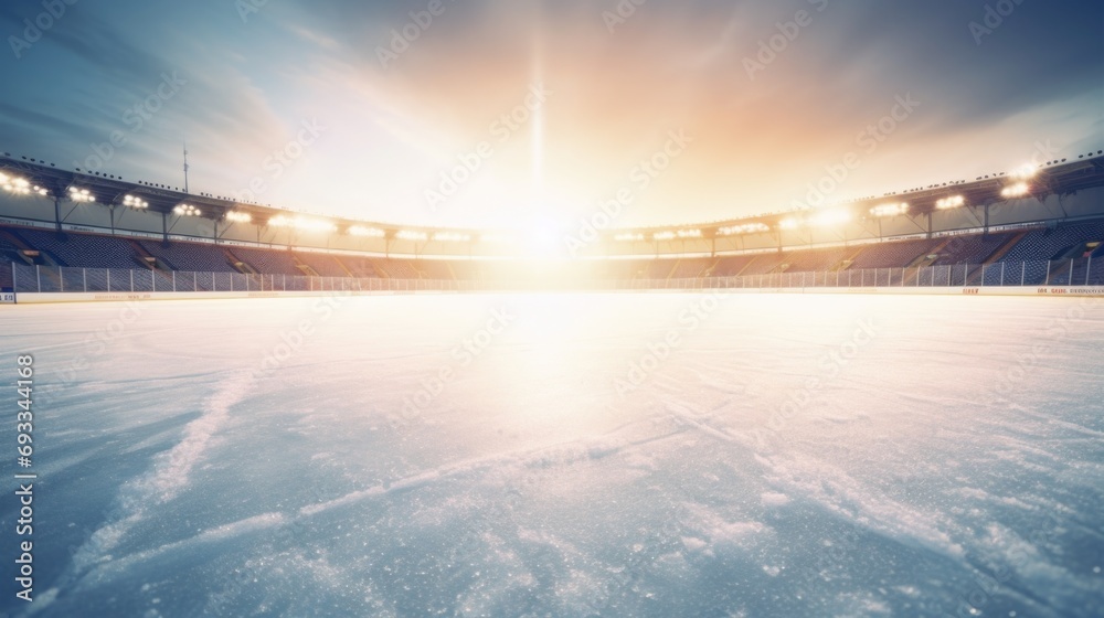 Canvas Prints An empty ice rink with a bright sun in the background. Perfect for winter sports or outdoor activities.