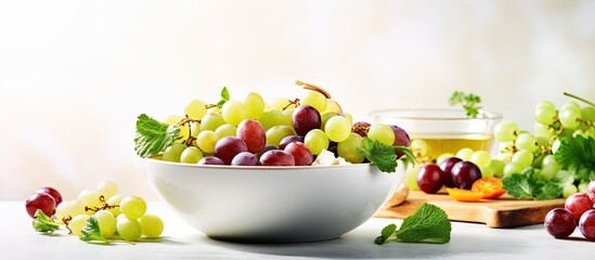 Salad bowl with grapes, tarragon, and cheese on a light table, text area.