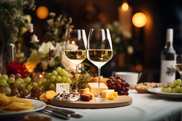 Obraz na płótnie Canvas Elegant and select restaurant table Wine Glass and appetizers, on the bar table Soft light and romantic atmosphere dinner wedding service menue