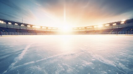An empty ice rink with a bright sun in the background. Perfect for winter sports or outdoor activities.