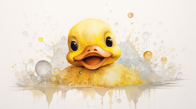 Cute yellow duckling with splashes of water on white background Generative AI