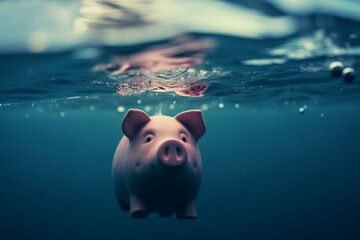 Piggybank drowning financial crisis. Money bankruptcy and investment finance failure. Generate ai - obrazy, fototapety, plakaty