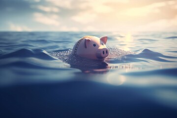 Piggybank drowning crisis. Financial savings capital under the water. Generate ai - obrazy, fototapety, plakaty