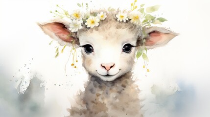 Portrait of a cute lamb with flowers in her hair. Watercolor illustration. Generative AI