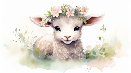 Watercolor portrait of a cute little lamb with a wreath of flowers. Generative AI