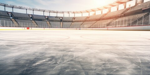An empty hockey rink with a goalie standing on the ice. This image can be used to depict a quiet...