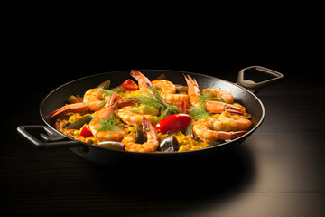 Spanish Colorful Seafood Paella with Shellfish in pan with shrimp vegetable and seafood, closeup view paella with rice and vegetables isolated on a dark background