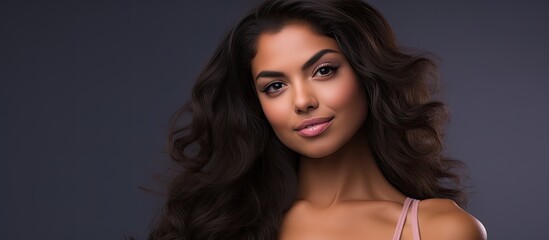 Naklejka premium Stunning Hispanic woman showcasing her smooth and soft skin in a studio.
