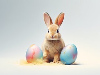 Fototapeta na wymiar Cute easter bunny and colorful eggs on a light background. Generative AI