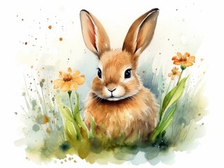 Easter bunny with flowers on watercolor background. Watercolor illustration. Generative AI