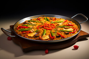 Spanish Colorful Seafood Paella with Shellfish in pan with shrimp vegetable and seafood, closeup view paella with rice and vegetables isolated on a dark background