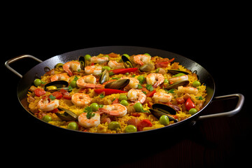 Spanish Colorful Seafood Paella with Shellfish in pan with shrimp vegetable and seafood, closeup view paella with rice and vegetables isolated on a dark background