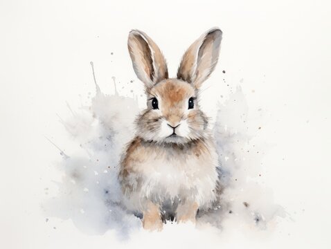 Watercolor portrait of a cute little rabbit on a white background. Generative AI