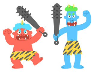 手を振り上げて怒っている赤鬼と青鬼