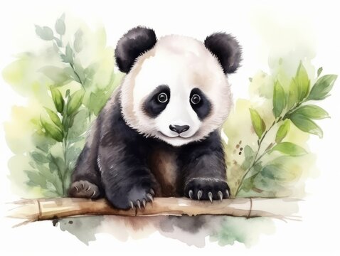 Watercolor illustration of a cute panda sitting on a branch. Generative AI