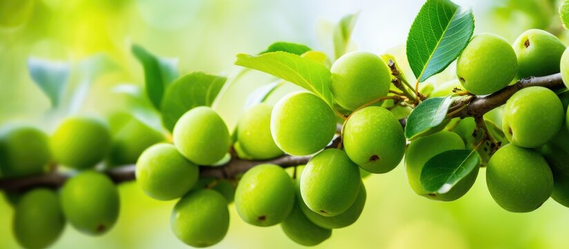 Selective focus on green unripe plum tree branches, emphasizing agriculture with shallow depth of field.