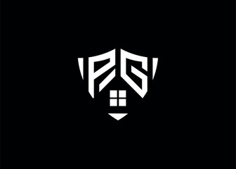 Real estate letter PG shield shape logo and house building vector template.