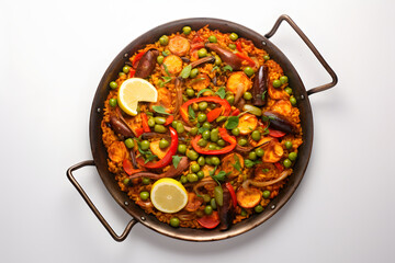 overhead photo Spanish Colorful Seafood Paella with Shellfish, shrimp vegetable and seafood, closeup view paella with rice and vegetables isolated on a white background with copy space