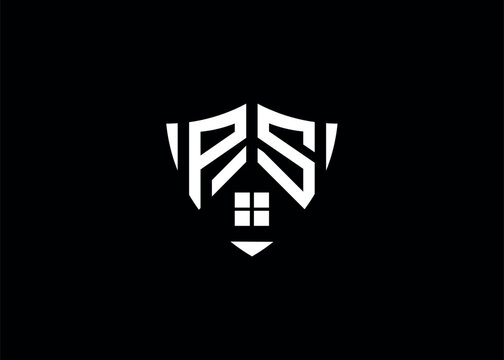 Real estate letter PS shield shape logo and house building vector template