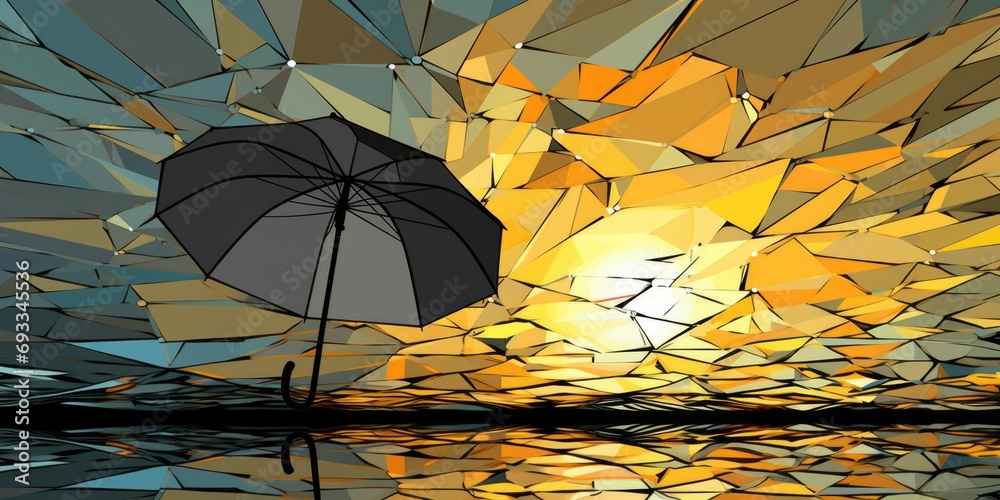 Poster A painting of a broken umbrella illuminated by the sun. Can be used to depict a sense of abandonment or the passing of time