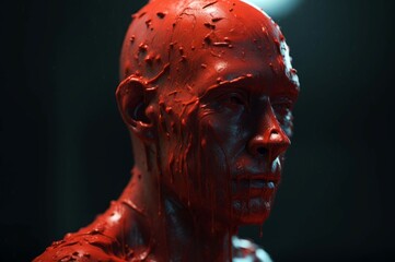 Male red wax head. Crimson melted paraffin on human body mannequin. Generate ai