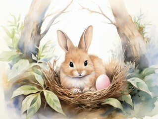 Easter greeting card with cute bunny in nest, watercolor illustration Generative AI
