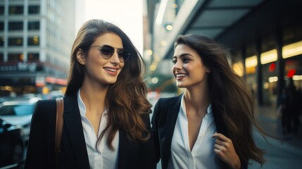 Two businesswomen, wearing black blazers, white T-shirts, and sunglasses, are walking in the city and standing in front of the store