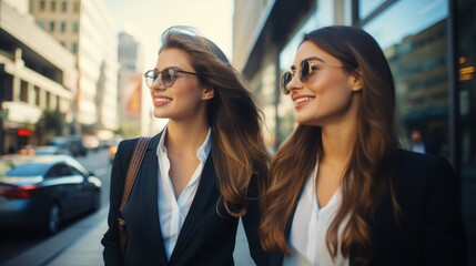 Two businesswomen are standing in the city, wearing black blazers, white T-shirts, and sunglasses, looking at the other side of the street