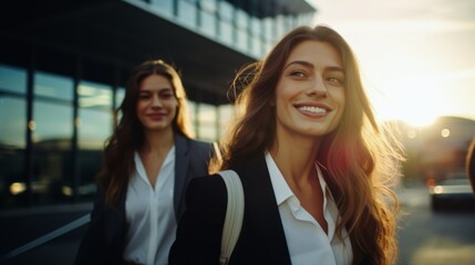 Two businesswomen, wearing black blazers and white T-shirts, stand with sunlight in the background