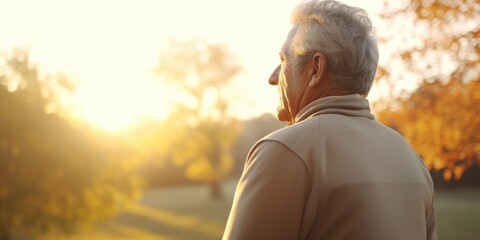 An older man standing in a park during a beautiful sunset. This image can be used to depict serenity, solitude, or simply enjoying nature.