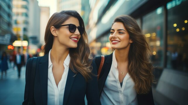 Two businesswomen, wearing black blazers, white T-shirts, and sunglasses, are walking in the city