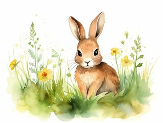 Rabbit in the grass. Watercolor illustration on white background. Generative AI