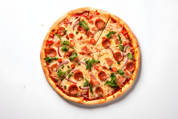Overhead view of meat lovers pizza loaded with pepperoni, sausage, and a crispy crust for a full family meal.