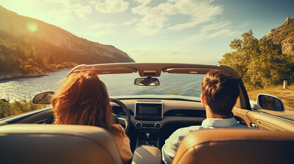 Back wide view of happy caucasian couple on a roadtrip in Europe driving modern cabriolet car in picturesque place - obrazy, fototapety, plakaty