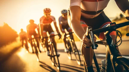  Close-up of a group of cyclists with professional racing sports gear riding on an open road cycling route © Keitma