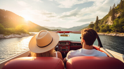 Back wide view of happy caucasian couple on a roadtrip in Europe driving modern cabriolet car in picturesque place - obrazy, fototapety, plakaty