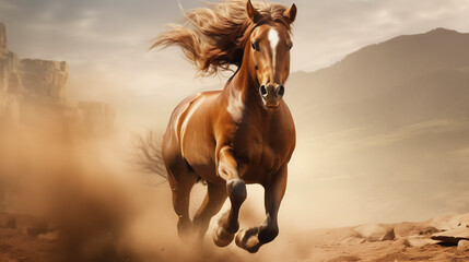 A majestic brown horse galloping in dust with a mountain backdrop.