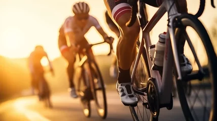  Close-up of a group of cyclists with professional racing sports gear riding on an open road cycling route © Keitma