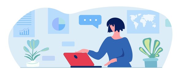 Woman using laptop, Remote work concept, office, vector