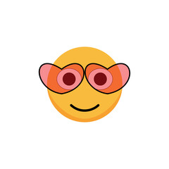 Smiling emoticon wearing pink heart glasses. Smiley icon. Cartoon emoji.